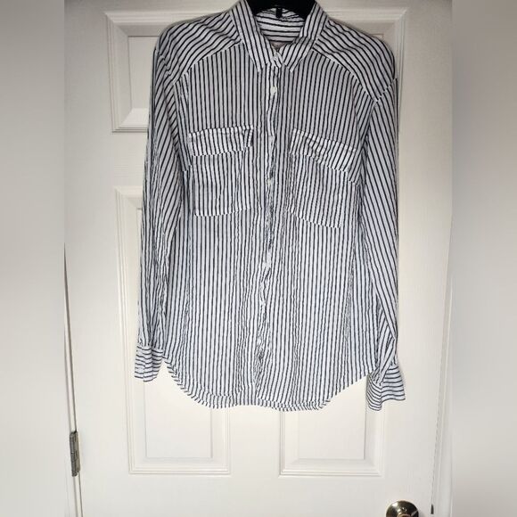 ANewDay L Striped White Black Lngslv Pockets 100%Lyocell ButtonsUp Women’s Shirt - Picture 1 of 6